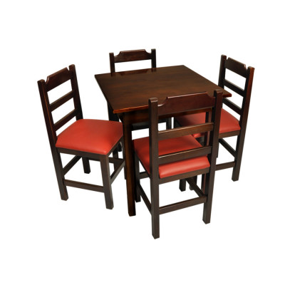Conjunto De Mesa De Madeira Fixo Paulista 70x70 Imbuia Com 4 Cadeiras Estofado Vermelho