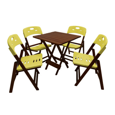 Jogo De Mesa Dobravel De Madeira 70x70 Elegance Com 4 Cadeiras Imbuia Polipropileno Amarelo
