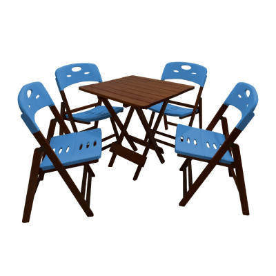 Conjunto De Mesa Dobravel De Madeira 70x70 Elegance Com 4 Cadeiras Imbuia Polipropileno Azul