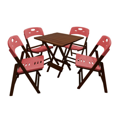 Jogo De Mesa Dobravel De Madeira 70x70 Elegance Com 4 Cadeiras Imbuia Polipropileno Vermelho