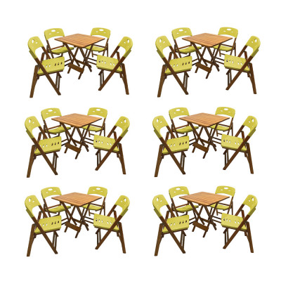 Kit Com 6 Jogos De Mesa Dobravel De Madeira 70x70 Elegance Com 4 Cadeiras Mel Polipropileno Amarelo
