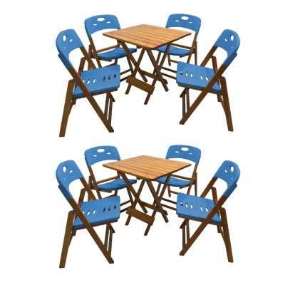 Kit Com 2 Jogos De Mesa Dobravel De Madeira 70x70 Elegance Com 4 Cadeiras Mel Polipropileno Azul
