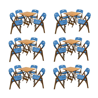 Kit Com 6 Jogos De Mesa Dobravel De Madeira 70x70 Elegance Com 4 Cadeiras Mel Polipropileno Azul