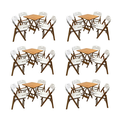 Kit Com 6 Jogos De Mesa Dobravel De Madeira 70x70 Elegance Com 4 Cadeiras Mel Polipropileno Branco