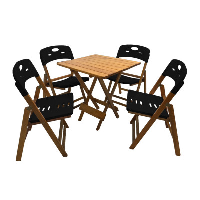 Conjunto De Mesa Dobravel De Madeira 70x70 Elegance Com 4 Cadeiras Mel Polipropileno Preto