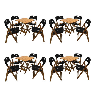 Kit Com 4 Jogos De Mesa Dobravel De Madeira 70x70 Elegance Com 4 Cadeiras Mel Polipropileno Preto