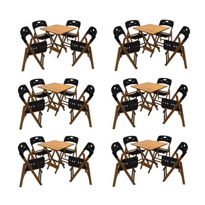 Kit Com 6 Jogos De Mesa Dobravel De Madeira 70x70 Elegance Com 4 Cadeiras Mel Polipropileno Preto