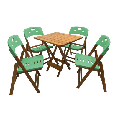 Conjunto De Mesa Dobravel De Madeira 70x70 Elegance Com 4 Cadeiras Mel Polipropileno Verde