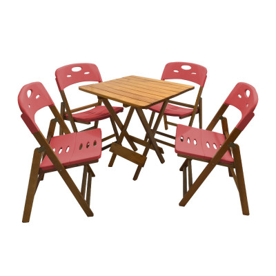Conjunto De Mesa Dobravel De Madeira 70x70 Elegance Com 4 Cadeiras Mel Polipropileno Vermelho