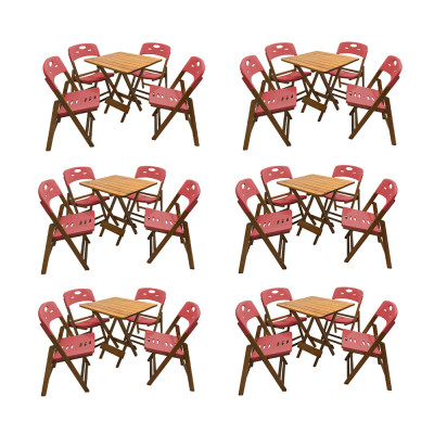 Kit Com 6 Jogos De Mesa Dobravel De Madeira 70x70 Elegance Com 4 Cadeiras Mel Polipropileno Vermelho