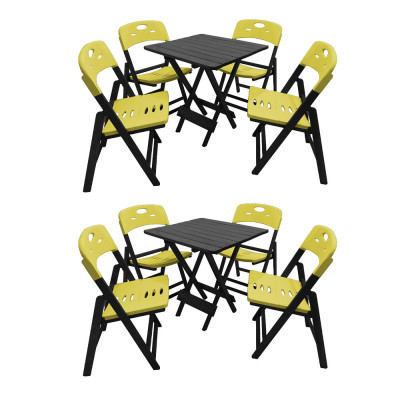 Kit Com 2 Jogos De Mesa Dobravel De Madeira 70x70 Elegance Com 4 Cadeiras Preto Polipropileno Amarel