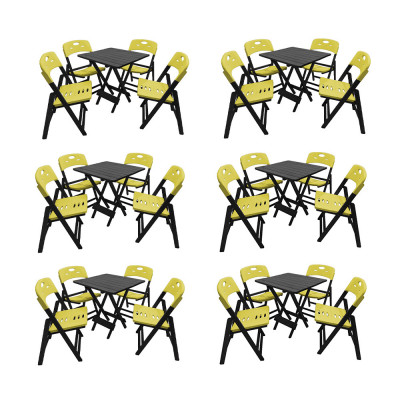 Kit Com 6 Jogos De Mesa Dobravel De Madeira 70x70 Elegance Com 4 Cadeiras Preto Polipropileno Amarel