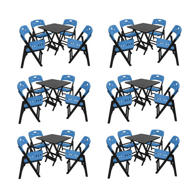 Kit Com 6 Jogos De Mesa Dobravel De Madeira 70x70 Elegance Com 4 Cadeiras Preto Polipropileno Azul