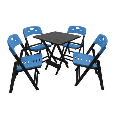 Conjunto De Mesa Dobravel De Madeira 70x70 Elegance Com 4 Cadeiras Preto Polipropileno Azul