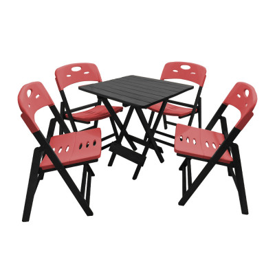 Conjunto De Mesa Dobravel De Madeira 70x70 Elegance Com 4 Cadeiras Preto Polipropileno Vermelho