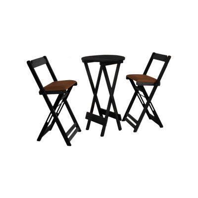 Jogo Bistro De Madeira Dobravel Redondo 55cm Diametro Com 2 Cadeiras Preto Estofado Marrom