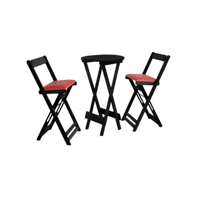 Conjunto Bistro De Madeira Dobravel Redondo 55cm Diametro Com 2 Cadeiras Preto Estofado Vermelho
