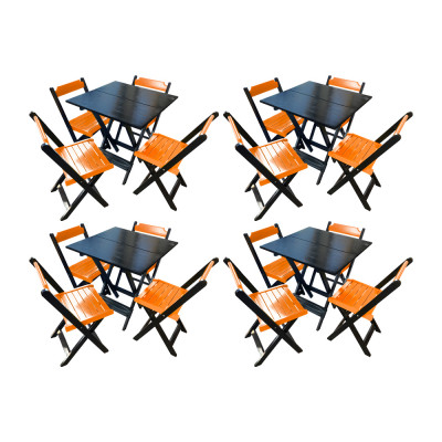 Kit 4 Mesas De Madeira Dobrável Preto 70x70 Com 4 Cadeiras Dobráveis Laranja