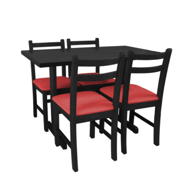 Jogo De Mesa De Madeira Fixo Floripa 1,20x70 Preto Pé H Com 4 Cadeiras Estofado Vermelho