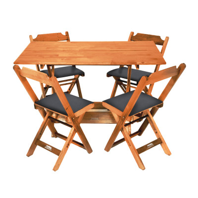 Jogo De Mesa Dobravel De Madeira 120x70 Com 4 Cadeiras Natural Estofado Preto