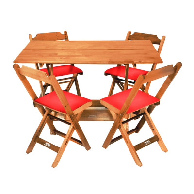 Conjunto De Mesa Dobravel De Madeira 120x70 Com 4 Cadeiras Natural Estofado Vermelho