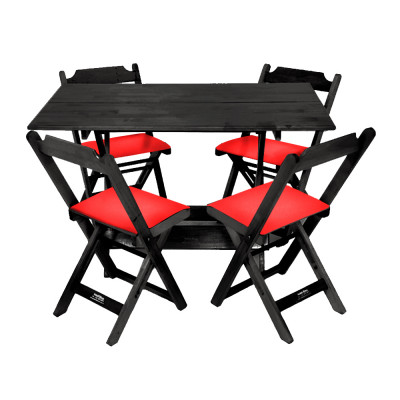 Jogo De Mesa Dobravel De Madeira 120x70 Com 4 Cadeiras Preto Estofado Vermelho