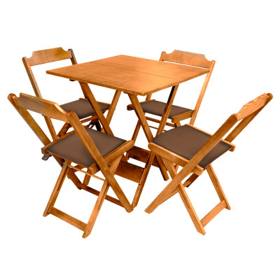 Jogo De Mesa Dobravel De Madeira 60x60 Com 4 Cadeiras Natural Estofado Marrom