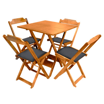 Jogo De Mesa Dobravel De Madeira 60x60 Com 4 Cadeiras Natural Estofado Preto