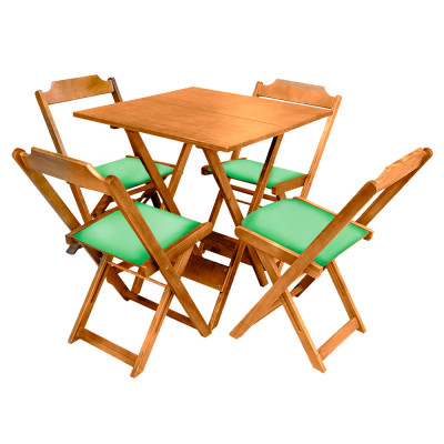 Jogo De Mesa Dobravel De Madeira 60x60 Com 4 Cadeiras Natural Estofado Verde