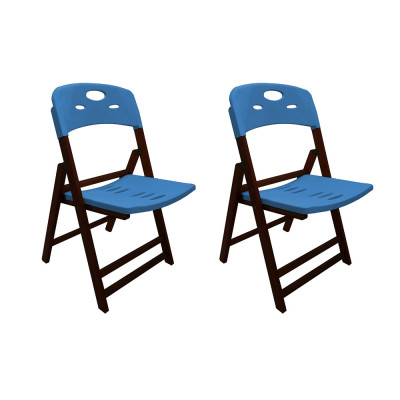 Kit Com 2 Cadeiras Dobraveis De Madeira Elegance Imbuia Polipropileno Azul