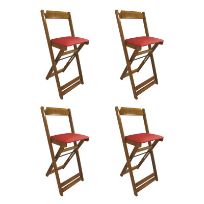 Kit 4 Cadeiras Bistro Dobravel De Madeira Estofada Vermelha - Natural
