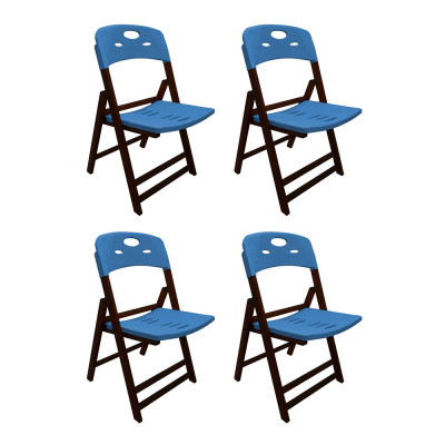 Kit Com 4 Cadeiras Dobraveis De Madeira Elegance Imbuia Polipropileno Azul