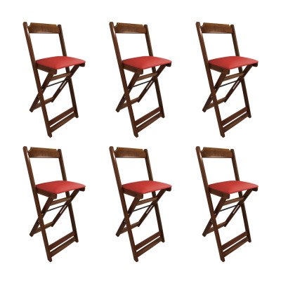 Kit 6 Cadeiras Bistro Dobravel De Madeira Estofada Vermelha - Imbuia