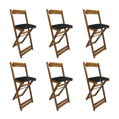 Kit 6 Cadeiras Bistro Dobravel De Madeira Estofada Preta - Natural