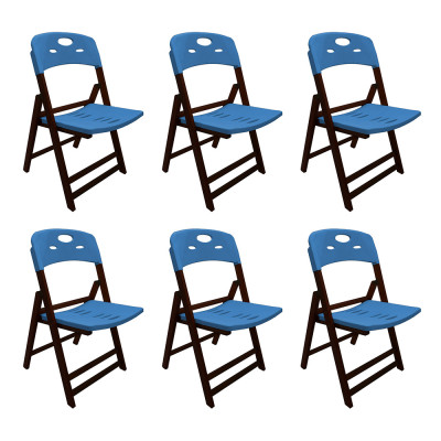 Kit Com 6 Cadeiras Dobraveis De Madeira Elegance Imbuia Polipropileno Azul