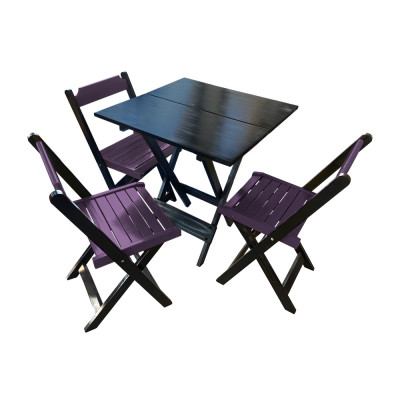 Mesa De Madeira Dobrável Preto 70x70 Com 3 Cadeiras Dobráveis Roxo