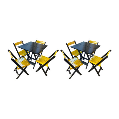 Kit 2 Mesas De Madeira Dobrável Preto 70x70 Com 4 Cadeiras Dobráveis Amarelo