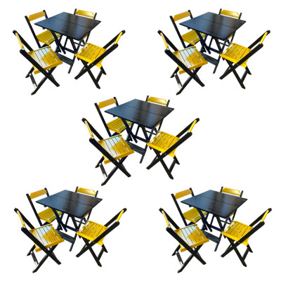Kit 5 Mesas De Madeira Dobrável Preto 70x70 Com 4 Cadeiras Dobráveis Amarelo