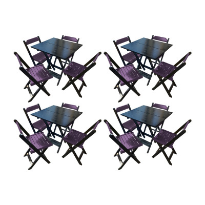 Kit 4 Mesas De Madeira Dobrável Preto 70x70 Com 4 Cadeiras Dobráveis Roxo