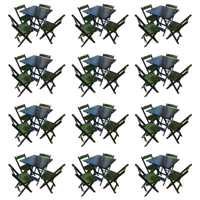 Kit 12 Mesas De Madeira Dobrável Preto 70x70 Com 4 Cadeiras Dobráveis Verde