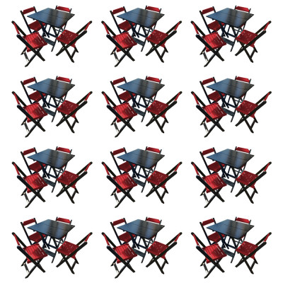 Kit 12 Mesas De Madeira Dobrável Preto 70x70 Com 4 Cadeiras Dobráveis Vermelho