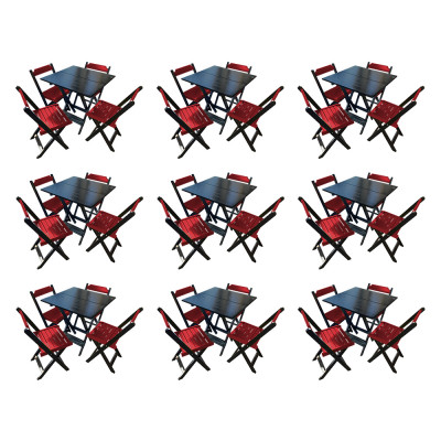Kit 9 Mesas De Madeira Dobrável Preto 70x70 Com 4 Cadeiras Dobráveis Vermelho