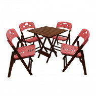 Conjunto De Mesa Dobravel De Madeira 70x70 Elegance Com 4 Cadeiras Imbuia Polipropileno Vermelho