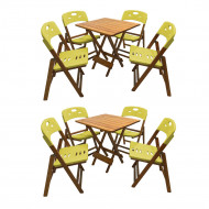 Kit Com 2 Jogos De Mesa Dobravel De Madeira 70x70 Elegance Com 4 Cadeiras Mel Polipropileno Amarelo