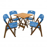Conjunto De Mesa Dobravel De Madeira 70x70 Elegance Com 4 Cadeiras Mel Polipropileno Azul