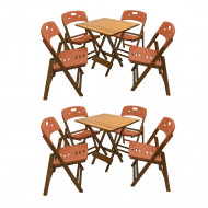 Kit Com 2 Jogos De Mesa Dobravel De Madeira 70x70 Elegance Com 4 Cadeiras Mel Polipropileno Laranja