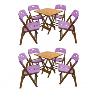 Kit Com 2 Jogos De Mesa Dobravel De Madeira 70x70 Elegance Com 4 Cadeiras Mel Polipropileno Roxo