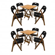 Kit Com 2 Jogos De Mesa Dobravel De Madeira 70x70 Elegance Com 4 Cadeiras Mel Polipropileno Preto