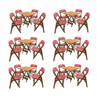 Kit Com 6 Jogos De Mesa Dobravel De Madeira 70x70 Elegance Com 4 Cadeiras Mel Polipropileno Vermelho