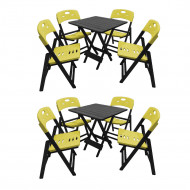 Kit Com 2 Jogos De Mesa Dobravel De Madeira 70x70 Elegance Com 4 Cadeiras Preto Polipropileno Amarel
